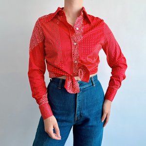 70s red & white polka dot long sleeve novelty top w/ dagger collar